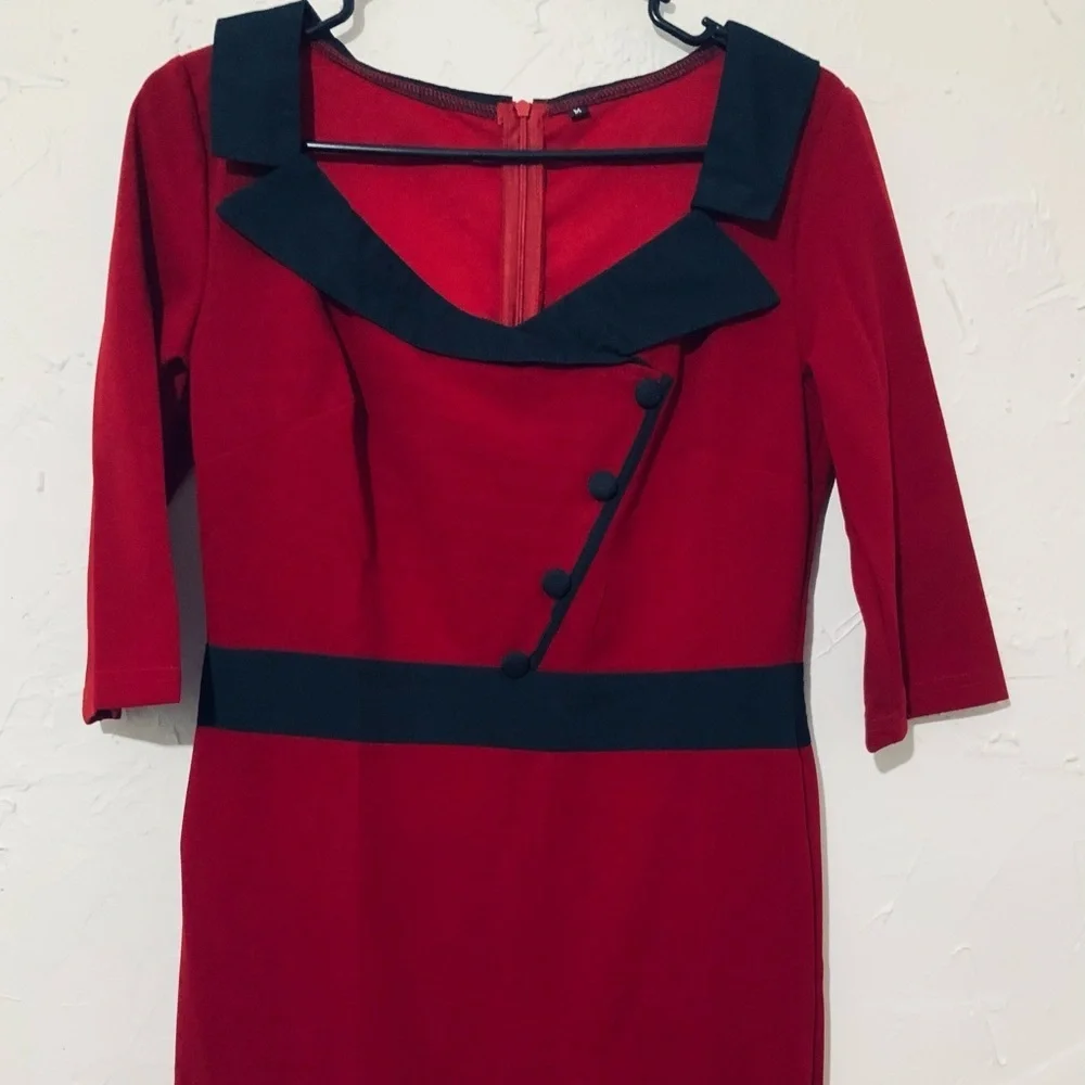 Red Bodycon Pencil Dress | Black Trim | Knee Length | Retro Chic Sz Medium